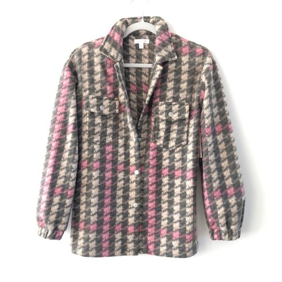 Abound Fleece Plaid Shacket Pink Grey Shirt Jacket Houndstooth NWT - Picture 1 of 8